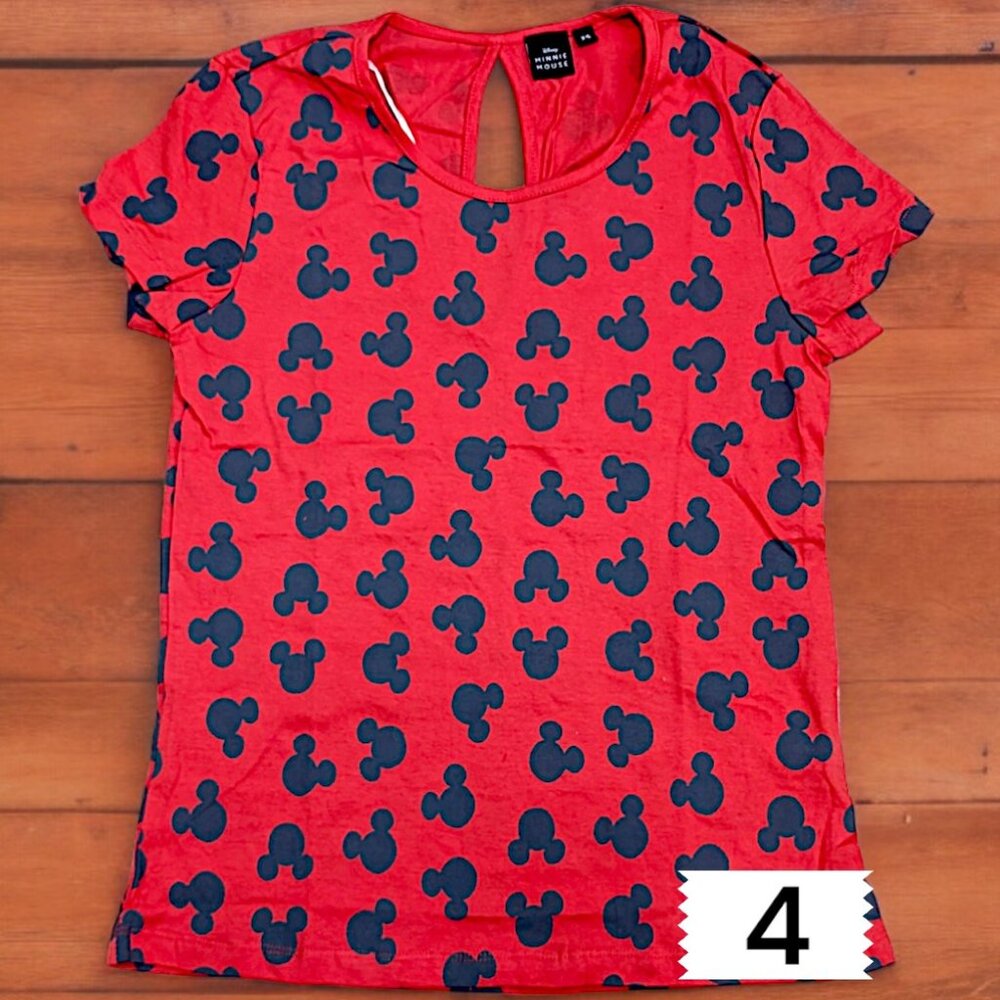 Mickey Mouse Red T-Shirt with Grey Icon Print – Classic Disney Style for Women